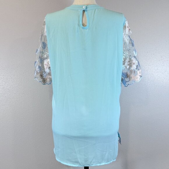 Floral Embroidered Sheer Overlay Tunic Blouse Keyhole Light Turquois Silver XXL - Picture 2 of 11